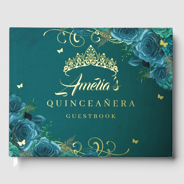 Livre D'or Rose turquoise Floral Swirl Quinceanera Gold (Recto)