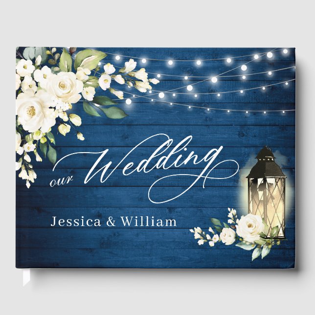 Livre D'or Roses blanches Mariage PHOTO en bois bleu (Recto)