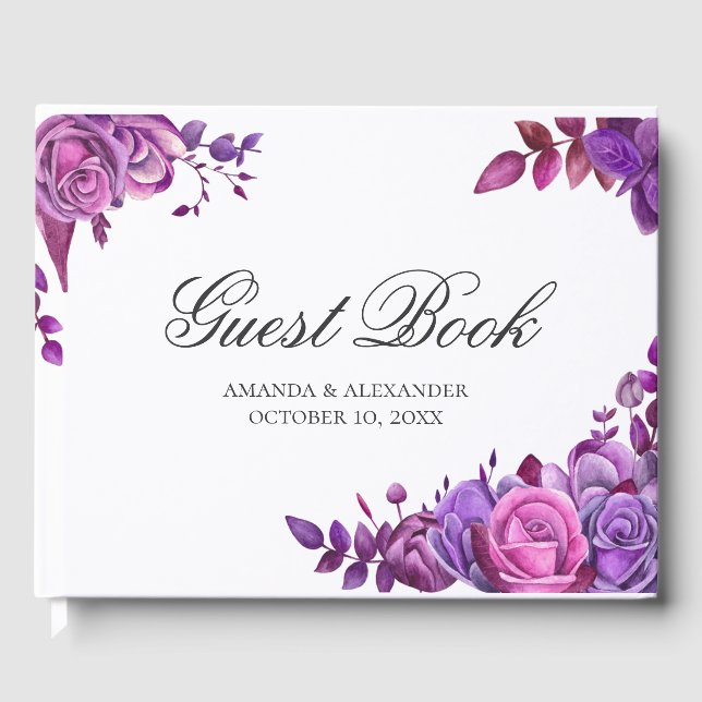 Livre D'or Roses d'aquarelle rose et violet. Mariage floral (Recto)