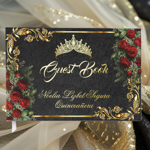 Livre D'or Roses, Diadème & Feuilles d'Or - Noir