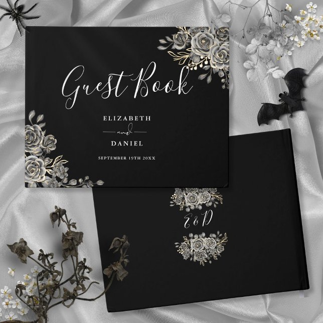 Livre D'or Roses floraux gothiques Mariage noir et blanc (Gothic Floral Roses Black And White Wedding Guest Book)