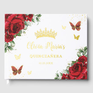 Livre D'or Roses Rouges Élégantes Papillons Floraux Quinceane