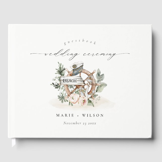 Livre D'or Roue d'Ancre nautique rustique Mariage floral feui (Recto)