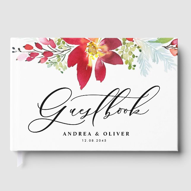 Livre D'or Rouge Aquarelle Rouge Fleurs de Noël Mariage (Recto)