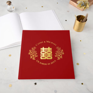 Livre D'or Rouge double bonheur fleuri logo mariage chinois