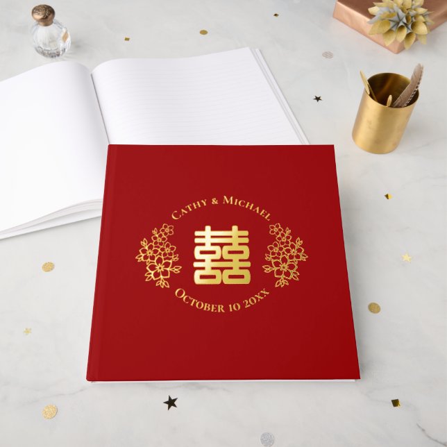 Livre D'or Rouge double bonheur fleuri logo mariage chinois (Recto ouvert)