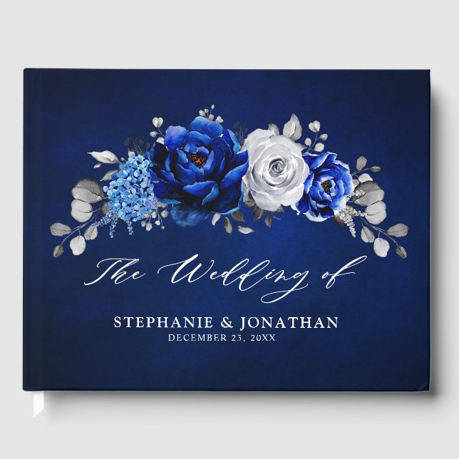 Livre D'or Royal Bleu Blanc Argent Métallique Mariage Floral  (Recto)