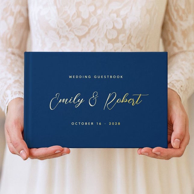Livre D'or Royal Blue and Gold Elegant Script Mariage photo (Créateur téléchargé)