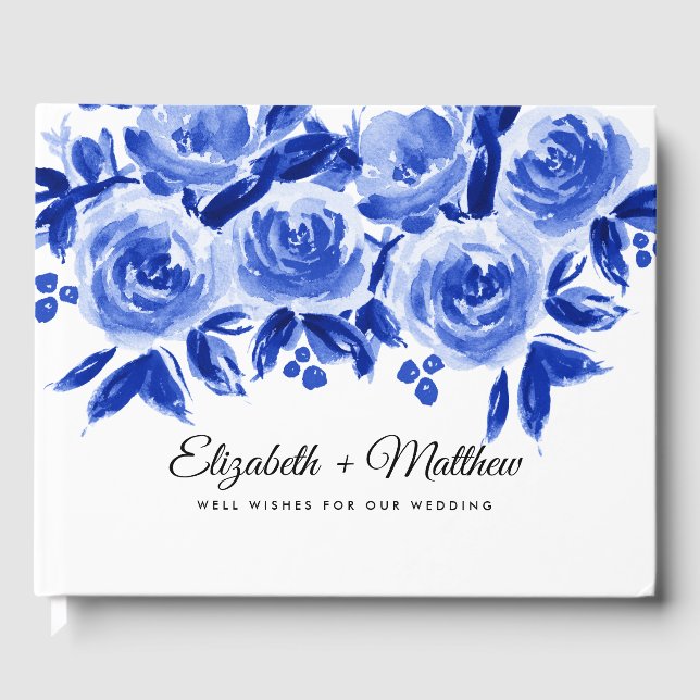 Livre D'or Royal Blue Floral Mariage aquarelle (Recto)