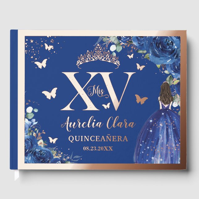 Livre D'or Royal Blue Floral Quinceañera Quince 15 Rose Gold (Recto)