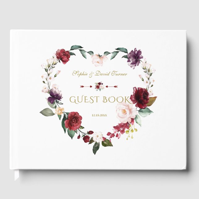 Livre D'or Royal Burgundy Blush Flowers Mariage bleu marine (Recto)