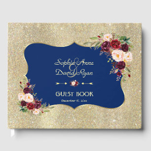 Livre D'or Royal Navy Blue Blush Floral Gold Wedding RSVP