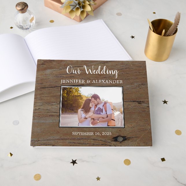 Livre D'or Rustic barn wood pattern photo couple wedding (Recto ouvert)