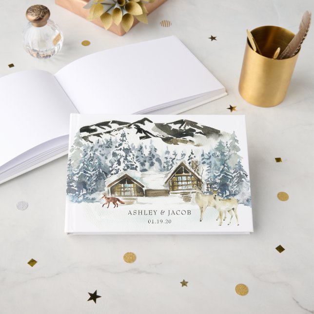 Livre D'or Rustic Winter Mountain Mariage invité (Recto ouvert)