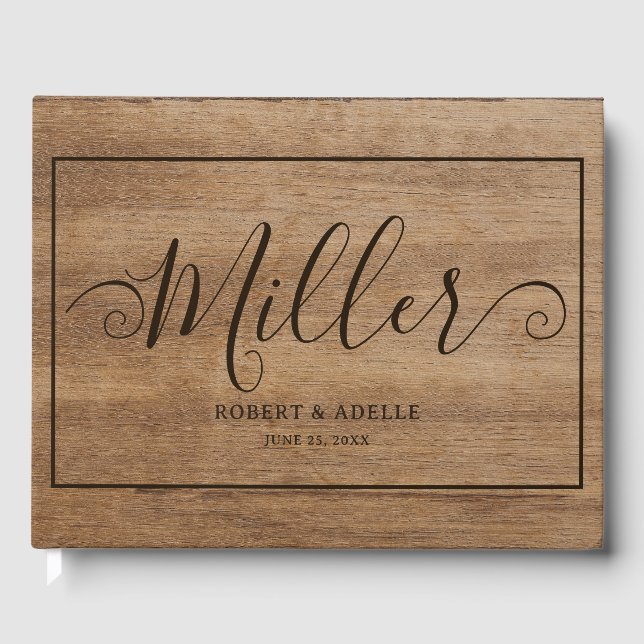 Livre D'or Rustic Wood Elegant Script Nom de famille Mariage (Recto)