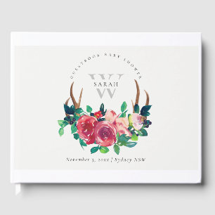 Livre D'or Rustique Boho Rouge Floral Cerf Bois de Cerf Baby