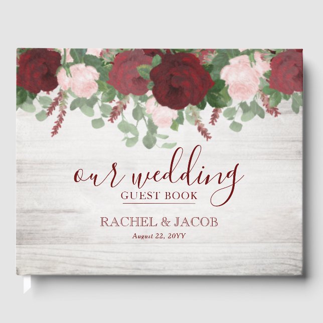 Livre D'or Rustique Bourgogne Aquarelle Floral Rose Mariage (Recto)