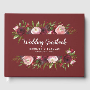 Livre D'or Rustique Bourgogne Blush Floral Aquarelle Mariage