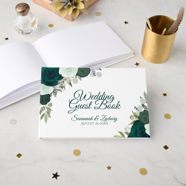 Livre D'or Rustique Emerald Green Élégant Mariage Floral Boho (Recto ouvert)