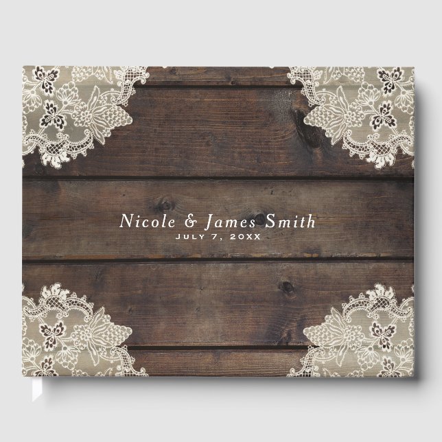 Livre D'or Rustique Grange Bois & dentelle Romantique Mariage (Recto)