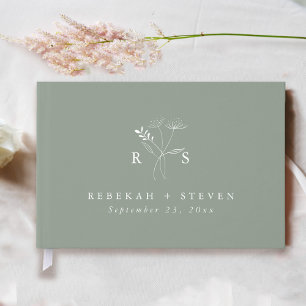 Livre D'or Sage Élégant Mariage Floral Monogramme