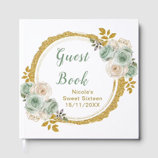 Livre D'or Sage Green and Gold Elegant Flowers Sweet Sixteen (Recto)