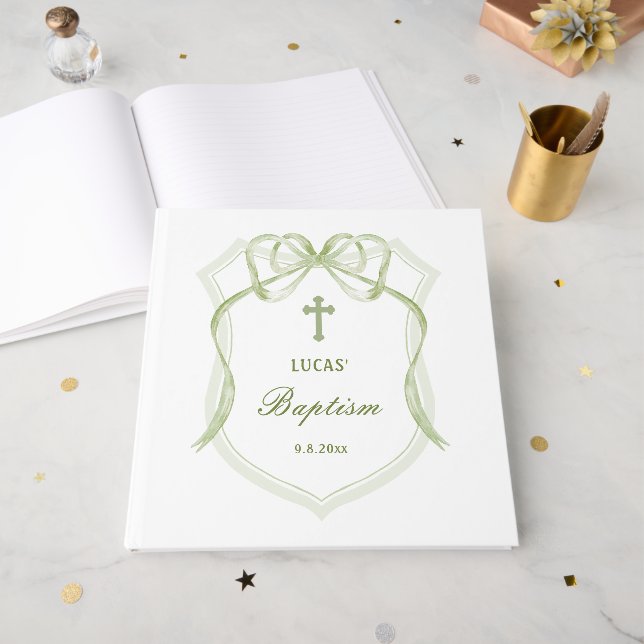 Livre D'or Sage Green Bow Crest Baptême (Recto ouvert)
