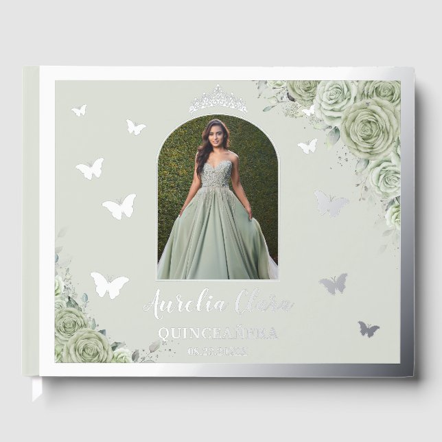 Livre D'or Sage Green Floral Argent Quinceañera Quince Photo (Recto)