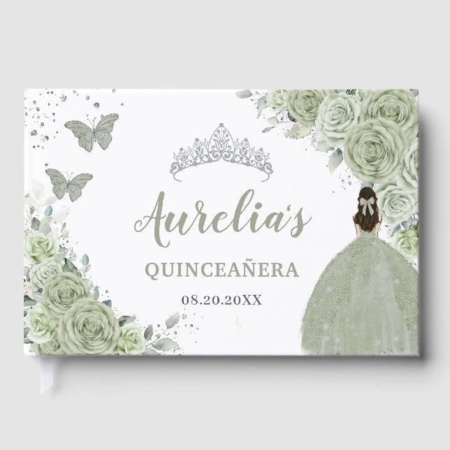 Livre D'or Sage Green Floral Rose Princesse Silver Quinceañer (Recto)