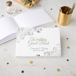 Livre D'or Sage Green Frilly Filigree Elégant Mariage blanc