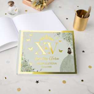 Livre D'or Sage Vert Floral Quinceañera Quince 15 XV Or