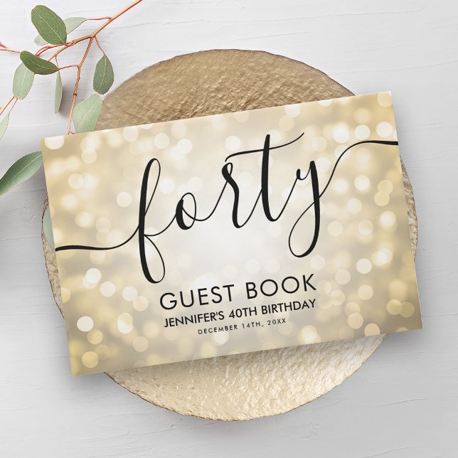 Livre D'or Script moderne Lumières Parties scintillant or 40e (Modern Script Gold Glitter Lights 40th Birthday Guest Book)