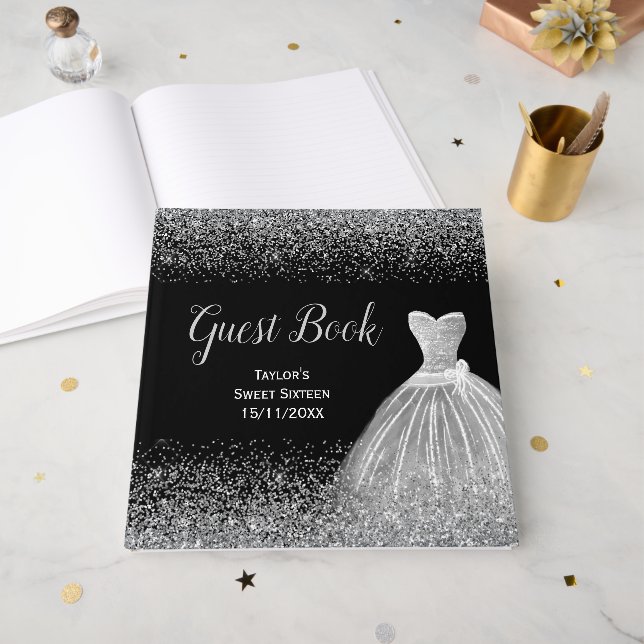 Livre D'or Silver Dress Faux Glitter Sweet 16  (Recto ouvert)