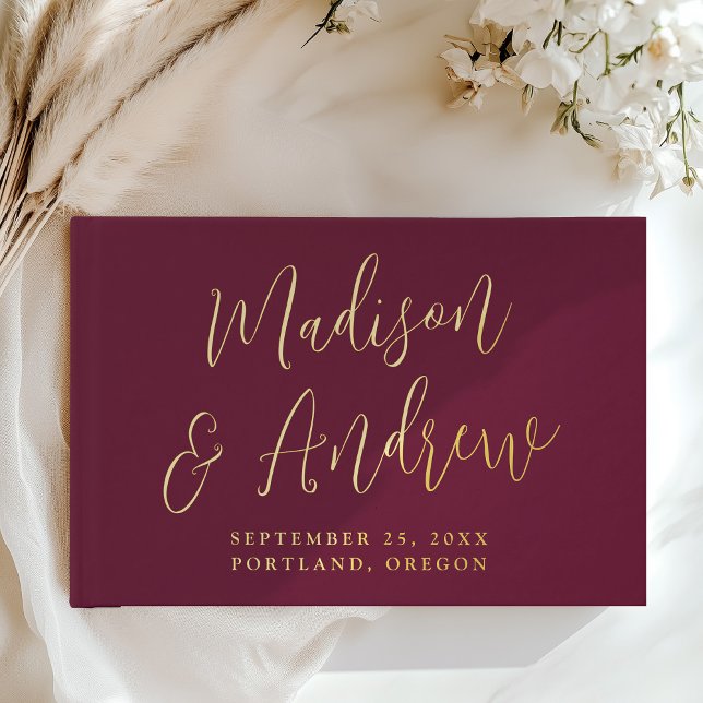 Livre D'or Simple Burgundy et Gold Foil Script Mariage photo (Créateur téléchargé)