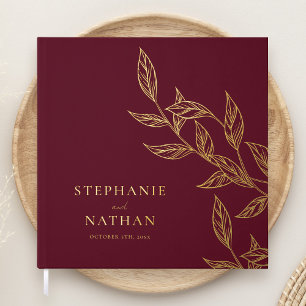Livre D'or Simple moderne Feuille Bourgogne Mariage Or