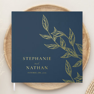 Livre D'or Simple moderne Feuille Marine Bleu Mariage Or