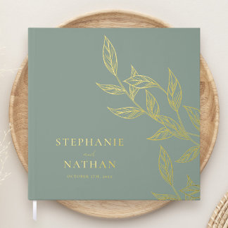Livre D'or Simple moderne Feuille Sage Vert Mariage Or