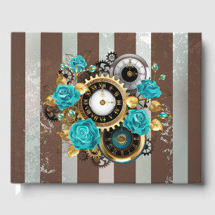 Livre D'or Steampunk Clock and Turquoise Roses on Striped