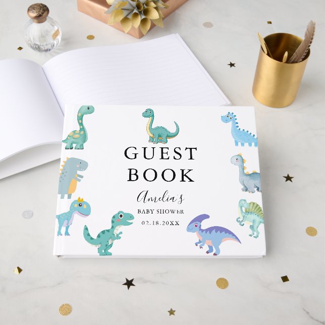 Livre D'or Stylish Dinosaur Baby Shower White (Recto ouvert)