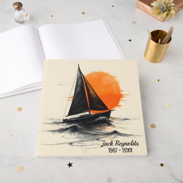 Livre D'or Sunrise Sailboat Silhouette pour service commémora (Recto ouvert)