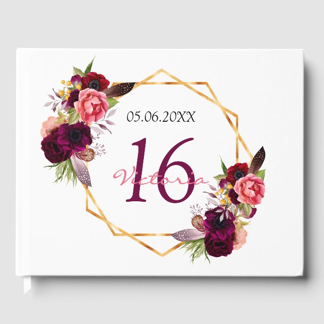 Livre D'or Sweet 16 blanc bordeaux géométrique (Recto)
