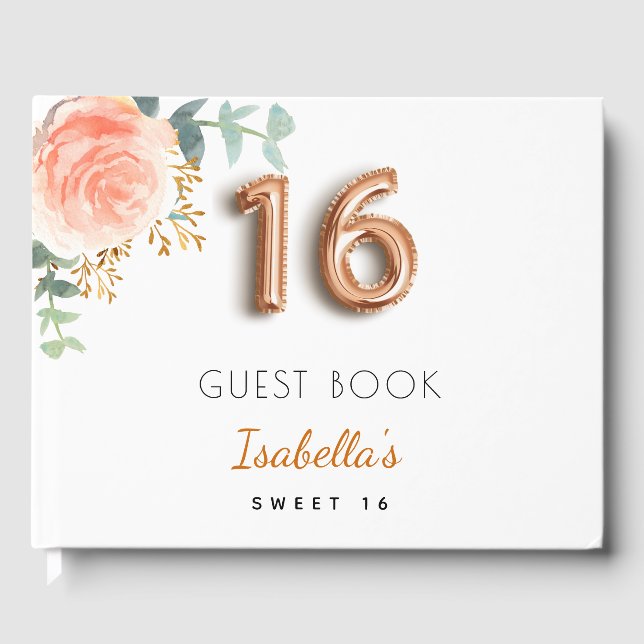 Livre D'or Sweet 16 rose fleuri or eucalyptus monogramme (Recto)