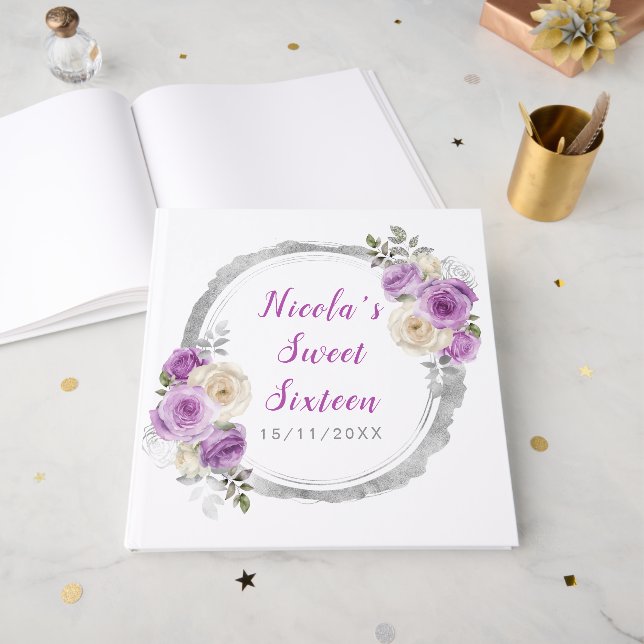Livre D'or Sweet sixteen de fleurs élégantes violet et argent (Recto ouvert)