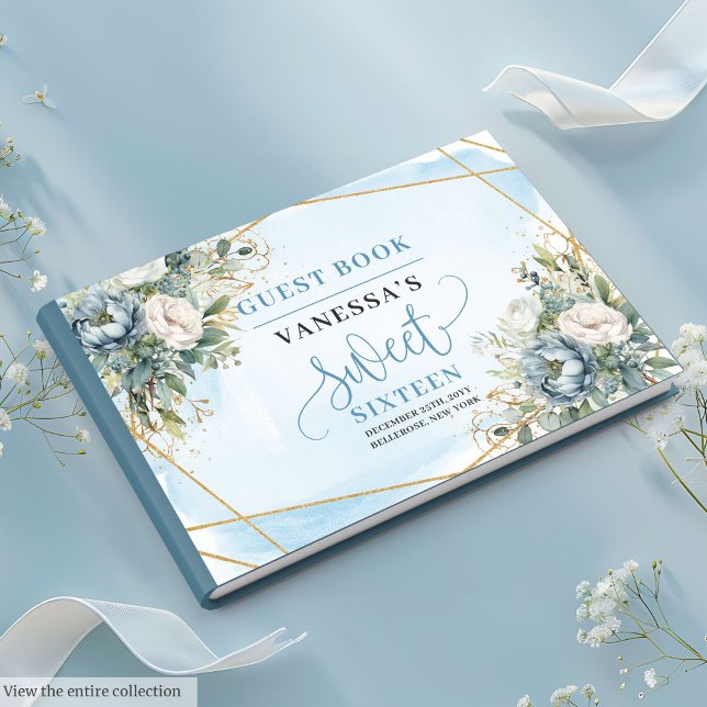 Livre D'or Sweet sixteen floral blanc bleu foncé élégant 16 (Stylish Dusty Blue White Floral Sweet Sixteen Guest Book)