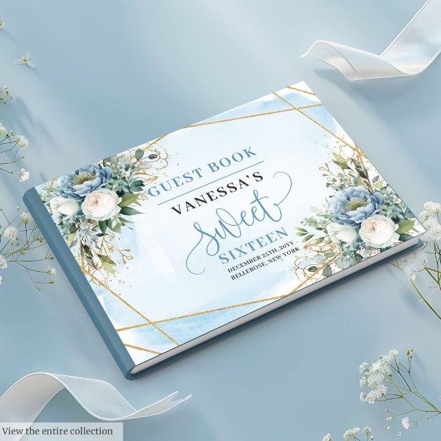 Livre D'or Sweet sixteen glamour Dusty Blue White Peonies (Glamorous Dusty Blue White Peonies Sweet Sixteen Guest Book)