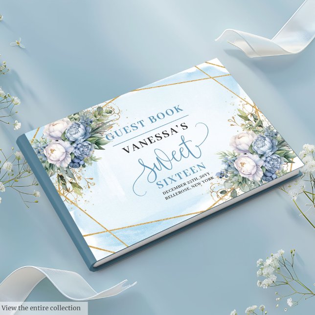 Livre D'or Sweet sixteen Pastel Bleu Peonies Blanches Enchant (Enchanted Pastel Blue White Peonies Sweet Sixteen Guest Book)