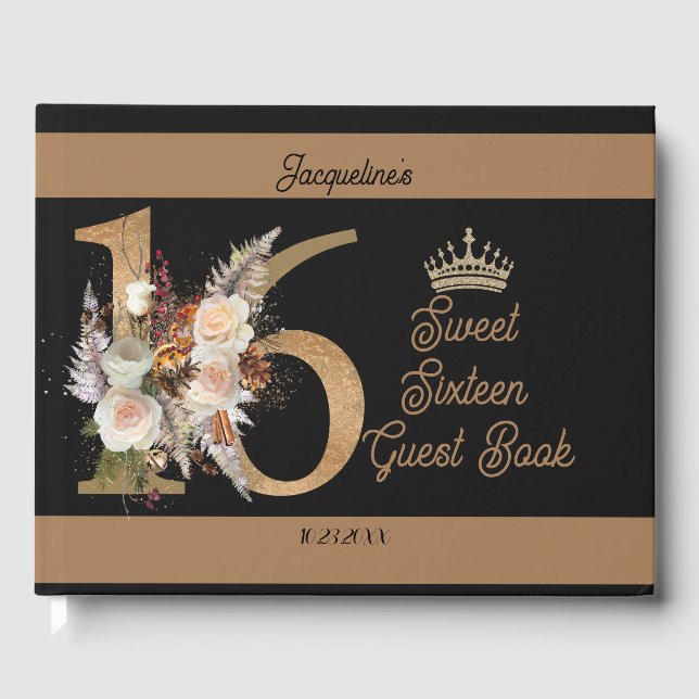 Livre D'or Sweet sixteen personnalisé Noir Floral Numéro Desi (Recto)