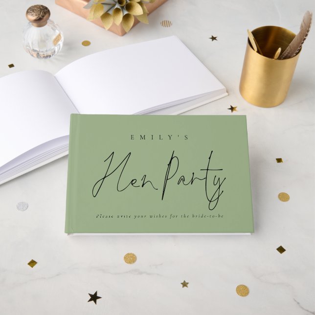 Livre D'or Texte élégant Hen Party Sage Green (Recto ouvert)