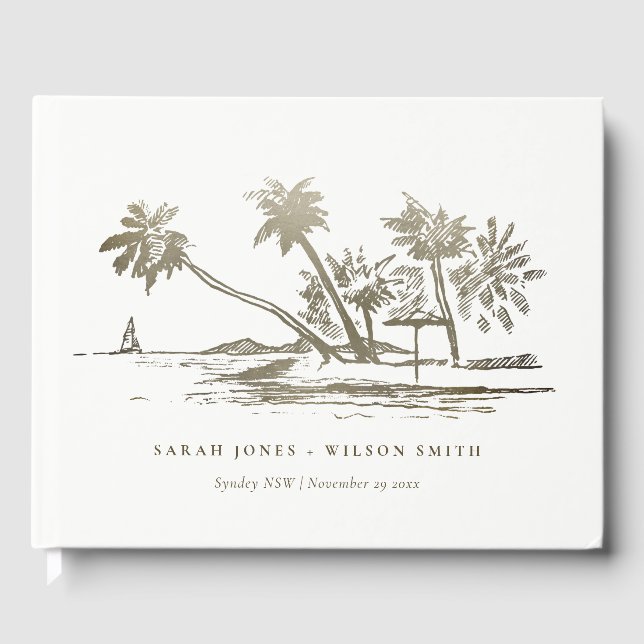 Livre D'or Tropical Beach Palm Tree croquis Pale Gold Mariage (Recto)