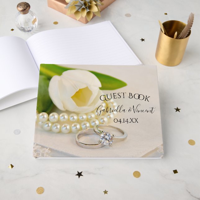 Livre D'or Tulipes blanches, anneaux et perles Mariage de pri (Recto ouvert)